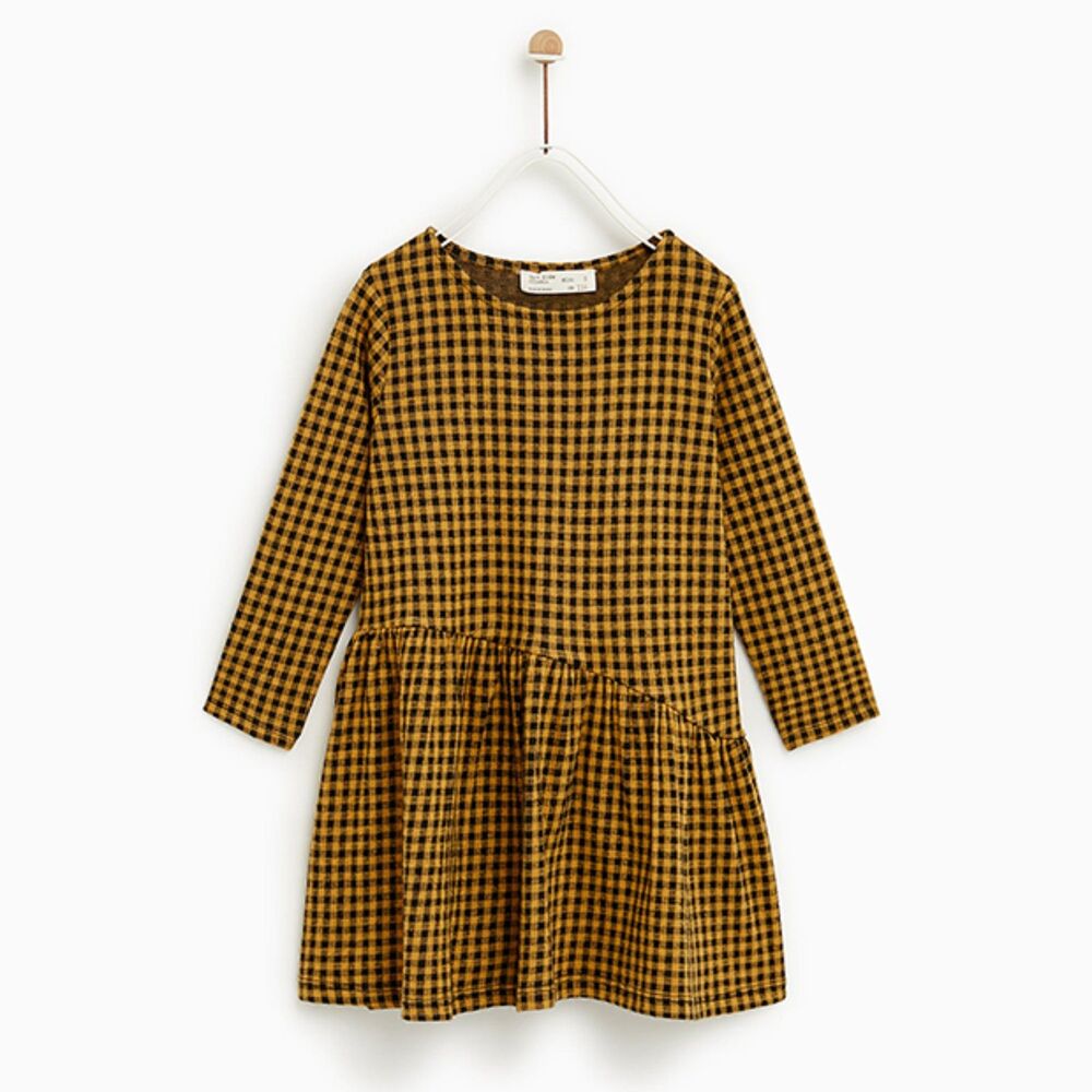 Zara Kids 5Y Mustard Yellow Black Plaid Gingham Long Sleeve Knit Dress
